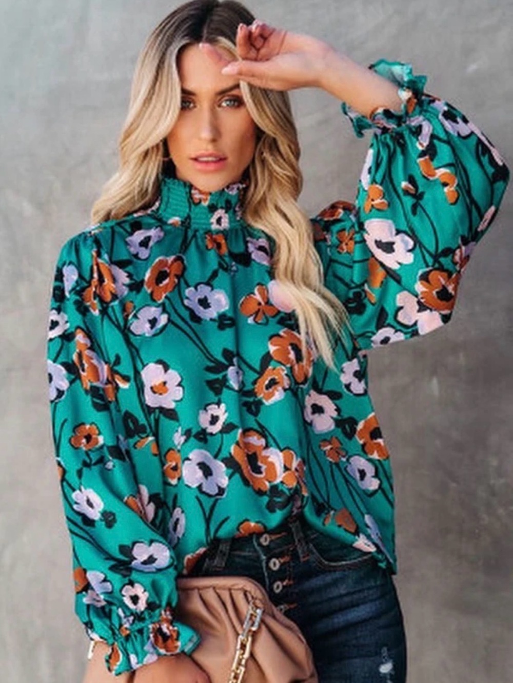Floral High-Neck Blouse in Teal